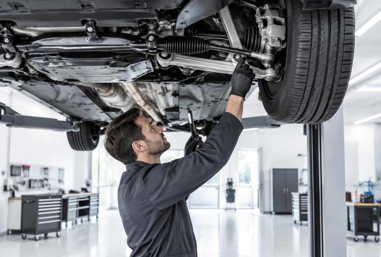 Técnico inspeccionando la suspensión de un vehículo elevado (imagen ilustrativa)